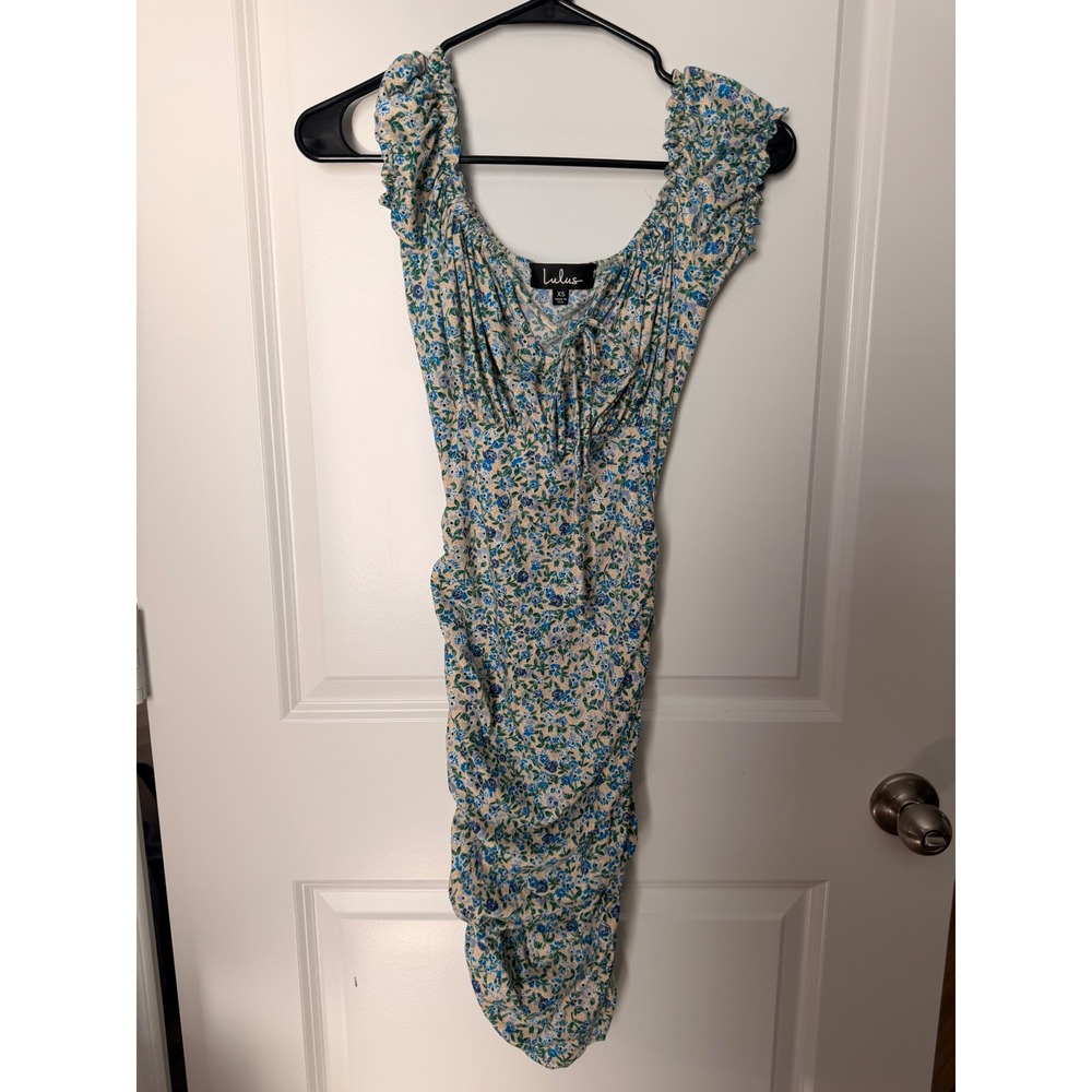 Lulus Blue Floral Ruched Bodycon Mini Dress XS Ruffle Cap Sleeve Sweetheart Tie